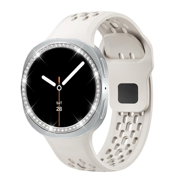 For Samsung Galaxy Watch8 44mm Diamond Bezel and Black Reverse Buckle Silicone Watch Band(Beige Silver) - free shipping - PMC TechLife - Order now!