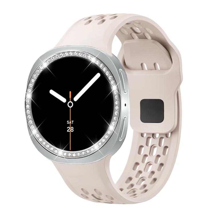 For Samsung Galaxy Watch8 44mm Diamond Bezel and Black Reverse Buckle Silicone Watch Band(Starlight Silver) - free shipping - PMC TechLife - Order now!