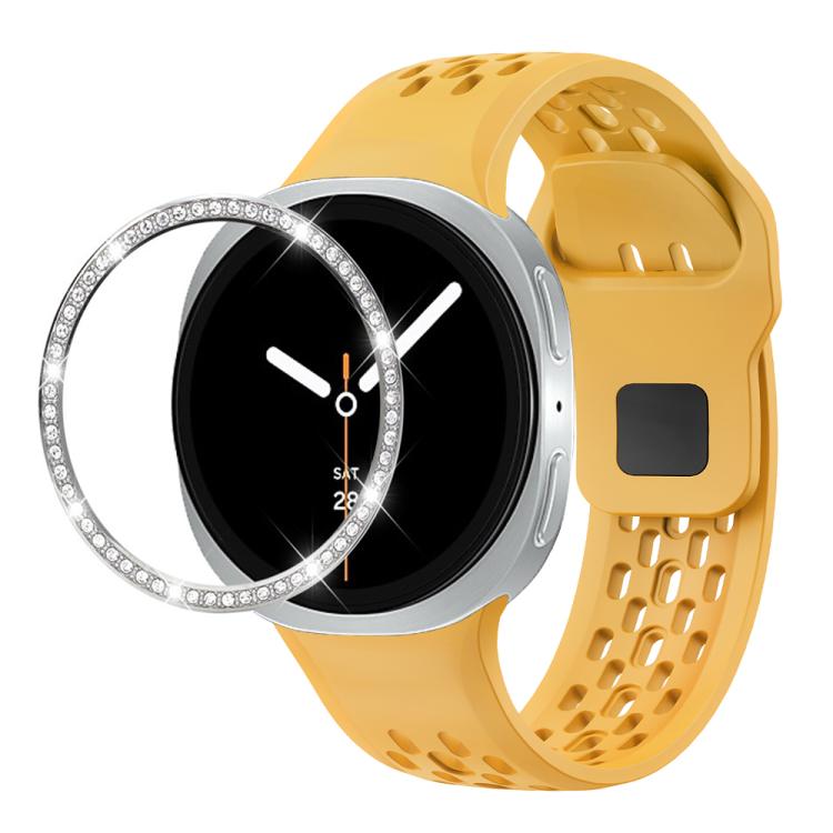 For Samsung Galaxy Watch8 44mm Diamond Bezel and Black Reverse Buckle Silicone Watch Band(Yellow Silver) - free shipping - PMC TechLife - Order now!