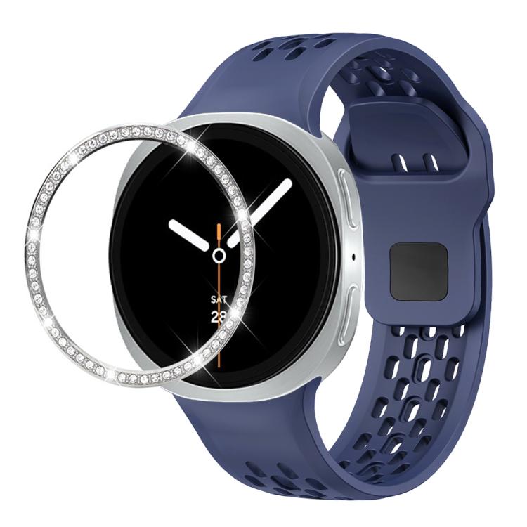 For Samsung Galaxy Watch8 44mm Diamond Bezel and Black Reverse Buckle Silicone Watch Band(Midnight Blue Silver) - free shipping - PMC TechLife - Order now!