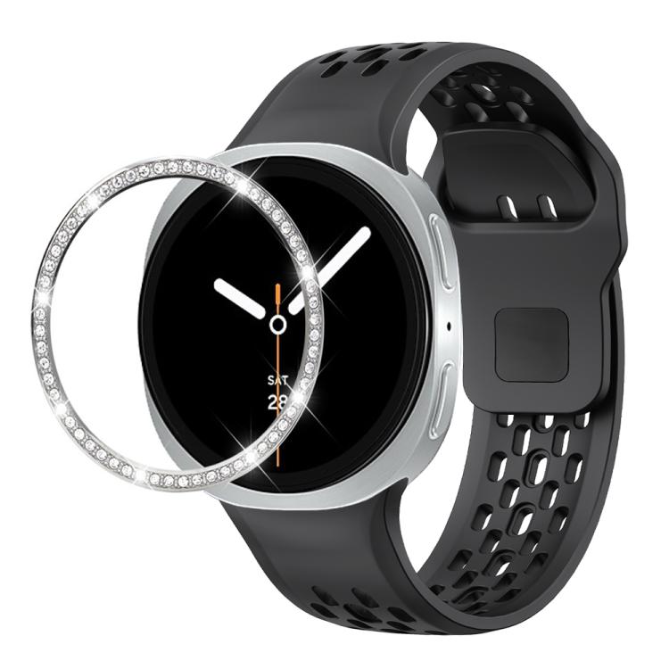 For Samsung Galaxy Watch8 44mm Diamond Bezel and Black Reverse Buckle Silicone Watch Band(Black Silver) - free shipping - PMC TechLife - Order now!