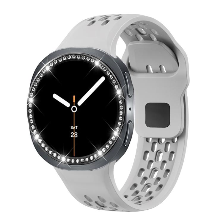 For Samsung Galaxy Watch8 44mm Diamond Bezel and Black Reverse Buckle Silicone Watch Band(Gray Black) - free shipping - PMC TechLife - Order now!
