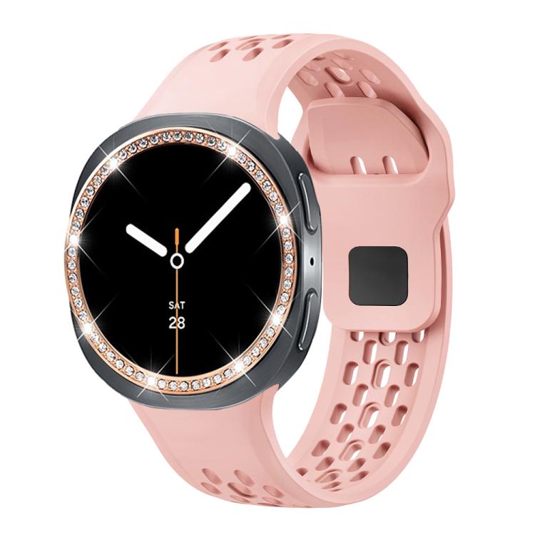 For Samsung Galaxy Watch8 44mm Diamond Bezel and Black Reverse Buckle Silicone Watch Band(Pink Rose Gold) - free shipping - PMC TechLife - Order now!