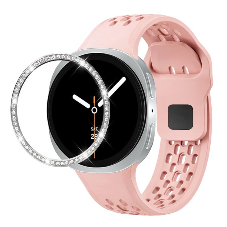 For Samsung Galaxy Watch8 40mm Diamond Bezel and Black Reverse Buckle Silicone Watch Band(Pink Silver) - free shipping - PMC TechLife - Order now!