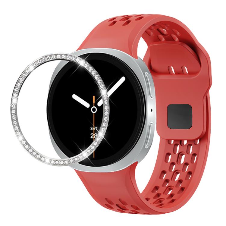 For Samsung Galaxy Watch8 40mm Diamond Bezel and Black Reverse Buckle Silicone Watch Band(Red Silver) - free shipping - PMC TechLife - Order now!