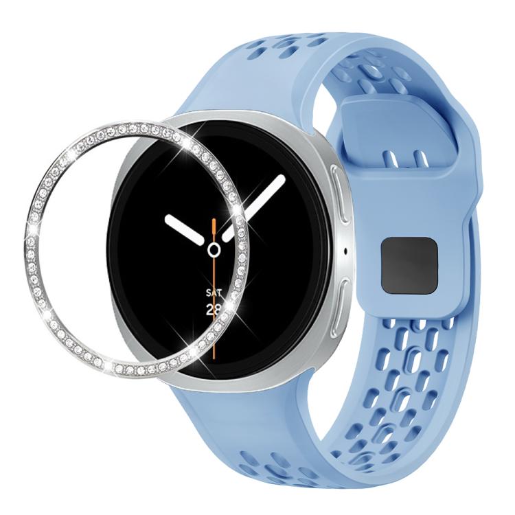 For Samsung Galaxy Watch8 40mm Diamond Bezel and Black Reverse Buckle Silicone Watch Band(Light Blue Silver) - free shipping - PMC TechLife - Order now!