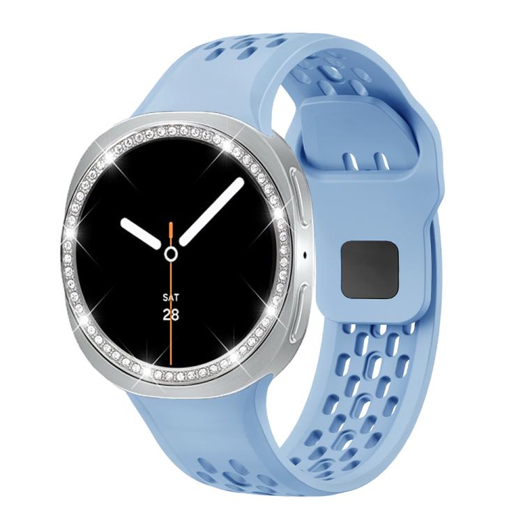 For Samsung Galaxy Watch8 40mm Diamond Bezel and Black Reverse Buckle Silicone Watch Band(Light Blue Silver) - free shipping - PMC TechLife - Order now!