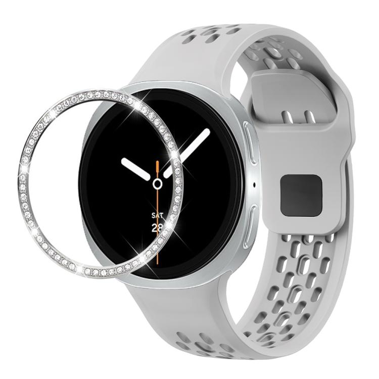 For Samsung Galaxy Watch8 40mm Diamond Bezel and Black Reverse Buckle Silicone Watch Band(Gray Silver) - free shipping - PMC TechLife - Order now!