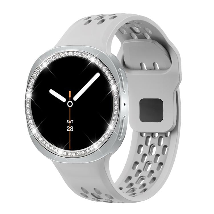For Samsung Galaxy Watch8 40mm Diamond Bezel and Black Reverse Buckle Silicone Watch Band(Gray Silver) - free shipping - PMC TechLife - Order now!