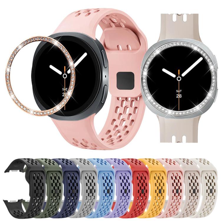 For Samsung Galaxy Watch8 44mm Diamond Bezel and Black Reverse Buckle Silicone Watch Band(Pink Rose Gold) - free shipping - PMC TechLife - Order now!