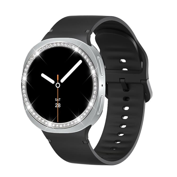 For Samsung Galaxy Watch8 40mm Diamond Bezel and Solid Color Stitched Silicone Watch Band(Black Silver) - free shipping - PMC TechLife - Order now!