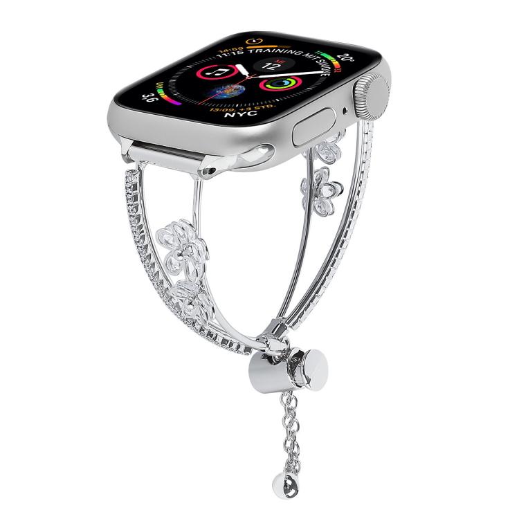 For Apple Watch 42mm / 41mm / 40mm / 38mm Copper-Inlaid Zircon 5-petal Flower Bracelet Watch Band(Silver) - free shipping - PMC TechLife - Order now!
