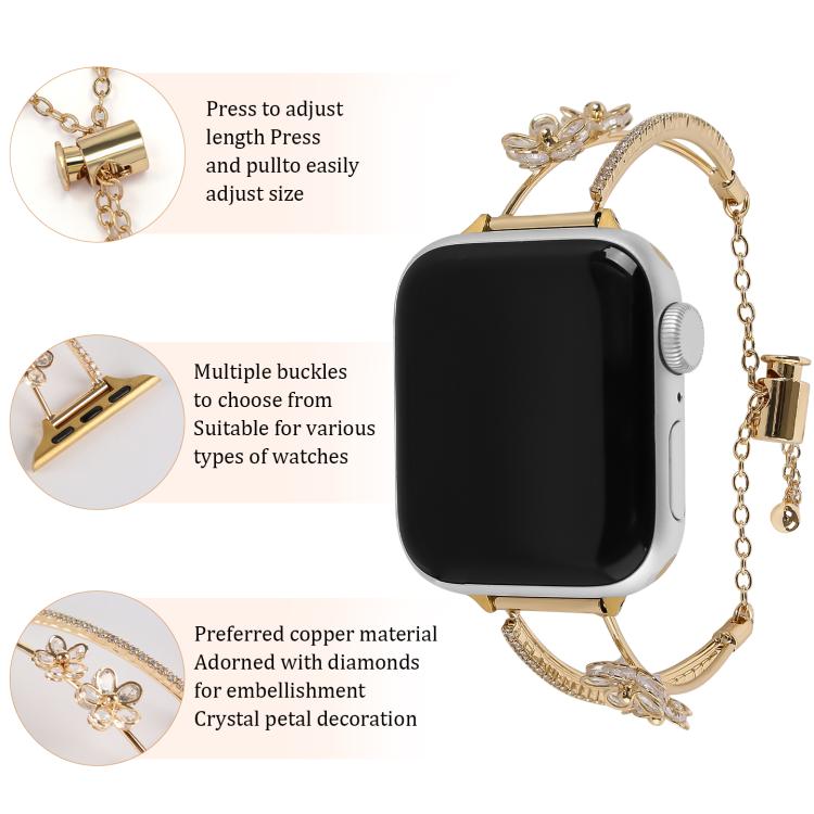 For Apple Watch 46mm / 49mm / 45mm / 44mm Copper-Inlaid Zircon 5-petal Flower Bracelet Watch Band(Gold) - free shipping - PMC TechLife - Order now!
