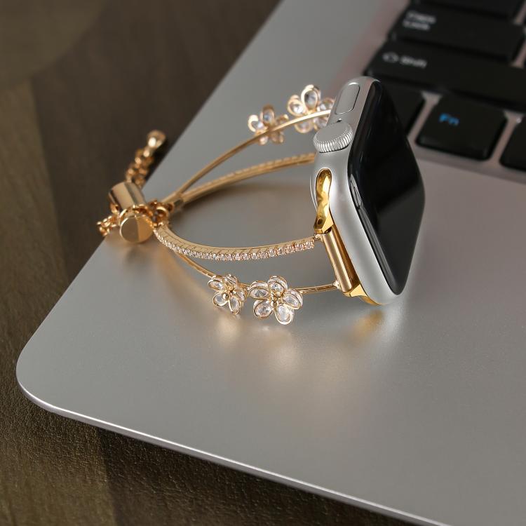For Apple Watch 42mm / 41mm / 40mm / 38mm Copper-Inlaid Zircon 5-petal Flower Bracelet Watch Band(Gold) - free shipping - PMC TechLife - Order now!