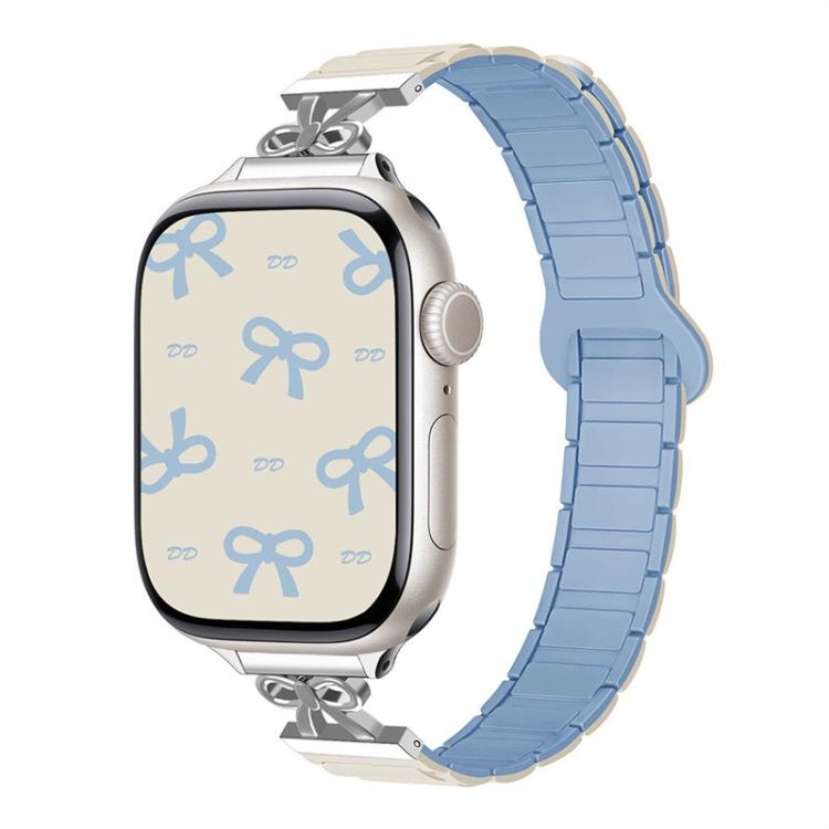 For Apple Watch 46mm / 49mm / 45mm / 44mm Bow Small Waist Magnetic Silicone Watch Band(Antique White with Misty Blue) - free shipping - PMC TechLife - Order now!