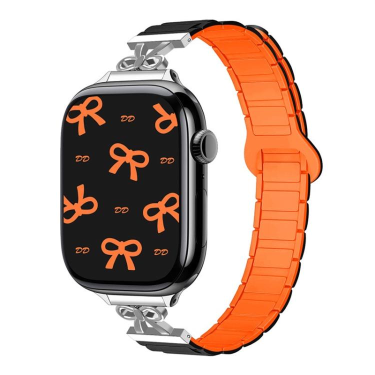 For Apple Watch 46mm / 49mm / 45mm / 44mm Bow Small Waist Magnetic Silicone Watch Band(Black with Orange) - free shipping - PMC TechLife - Order now!
