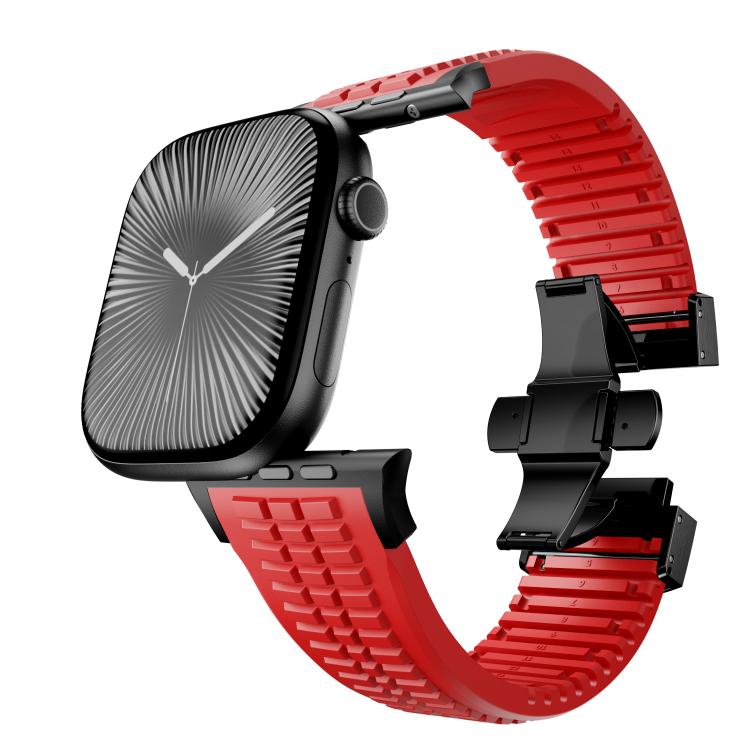For Apple Watch 46mm / 49mm / 45mm / 44mm Knurled Texture Folding Buckle Silicone Watch Band(Black Red) - free shipping - PMC TechLife - Order now!