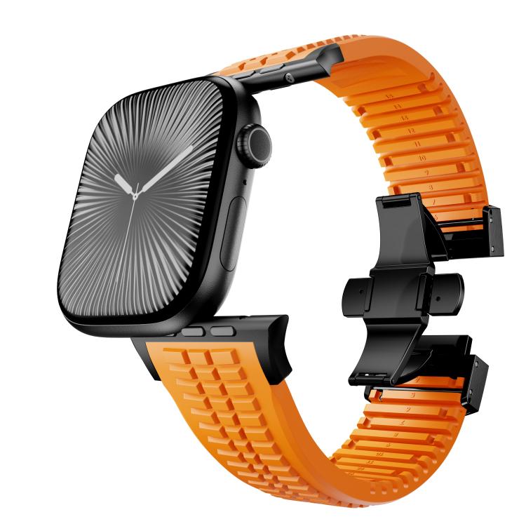 For Apple Watch 46mm / 49mm / 45mm / 44mm Knurled Texture Folding Buckle Silicone Watch Band(Black Orange) - free shipping - PMC TechLife - Order now!