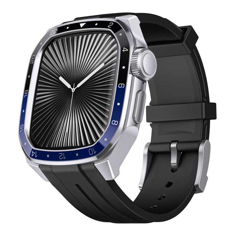 For Apple Watch Series 10 46mm Scale Model Integrated Metal Frame Silicone Watch Band(Silver Frame Black Blue Dial) - free shipping - PMC TechLife - Order now!