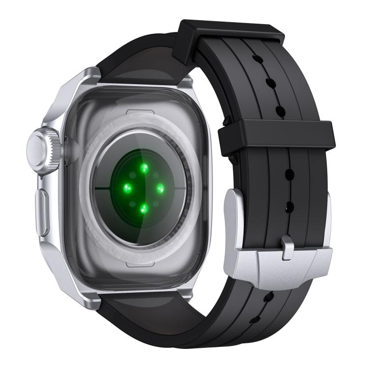 For Apple Watch Series 10 46mm Scale Model Integrated Metal Frame Silicone Watch Band(Silver Frame Black Blue Dial) - free shipping - PMC TechLife - Order now!