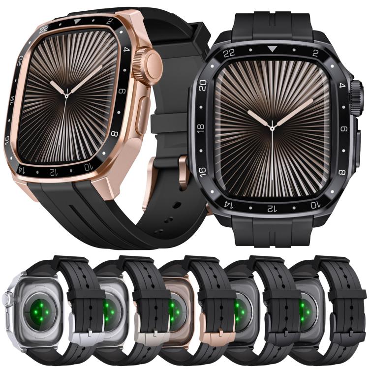 For Apple Watch Series 10 46mm Scale Model Integrated Metal Frame Silicone Watch Band(Black Frame Black Dial) - free shipping - PMC TechLife - Order now!