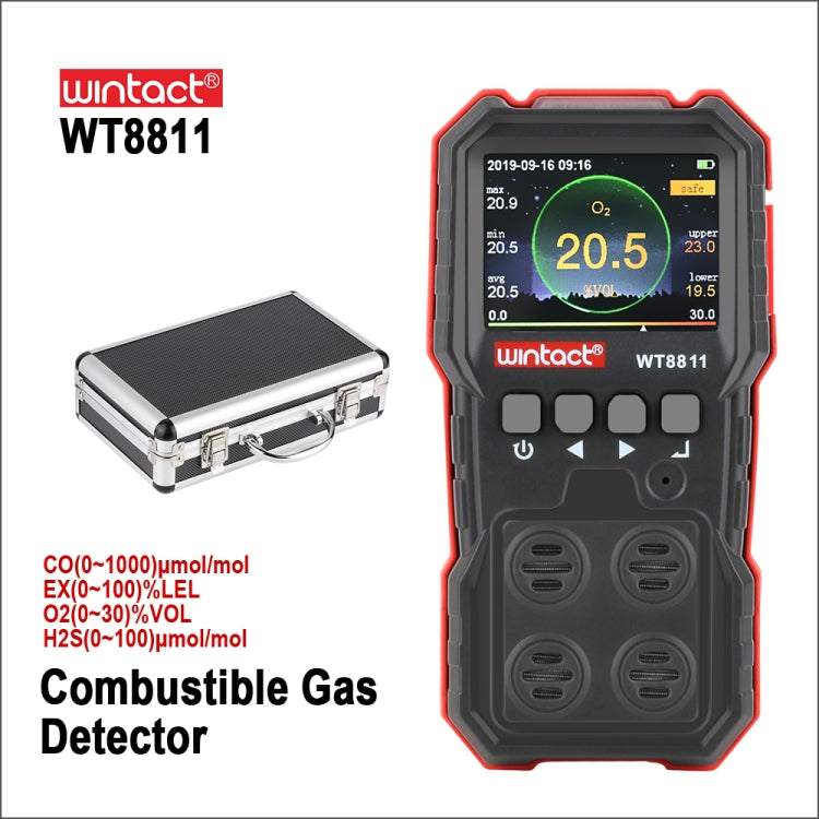 WINTACT WT8811 Compoud Gas Monitor LCD Display Rechargeable Multifunction 4 in1 Combustible O2 H2S CO Gas Sensor Sound-light Vibration Alarm - free shipping - PMC TechLife - Order now!