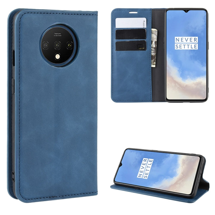 For OnePlus 7T Retro-skin Business Magnetic Suction Leather Case with Purse-Bracket-Chuck(Dark Blue) - OnePlus Cases by PMC TechLife | Online Shopping South Africa | PMC TechLife | Buy Now Pay Later Mobicred