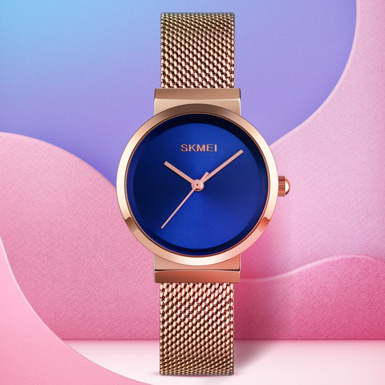 Skmei 1595 Fashion Elegant Scale Free Steel Mesh Belt Women's Watch Waterproof Business Student Quartz Watch Female(Rose Gold Blue) - free shipping - PMC TechLife - Order now!