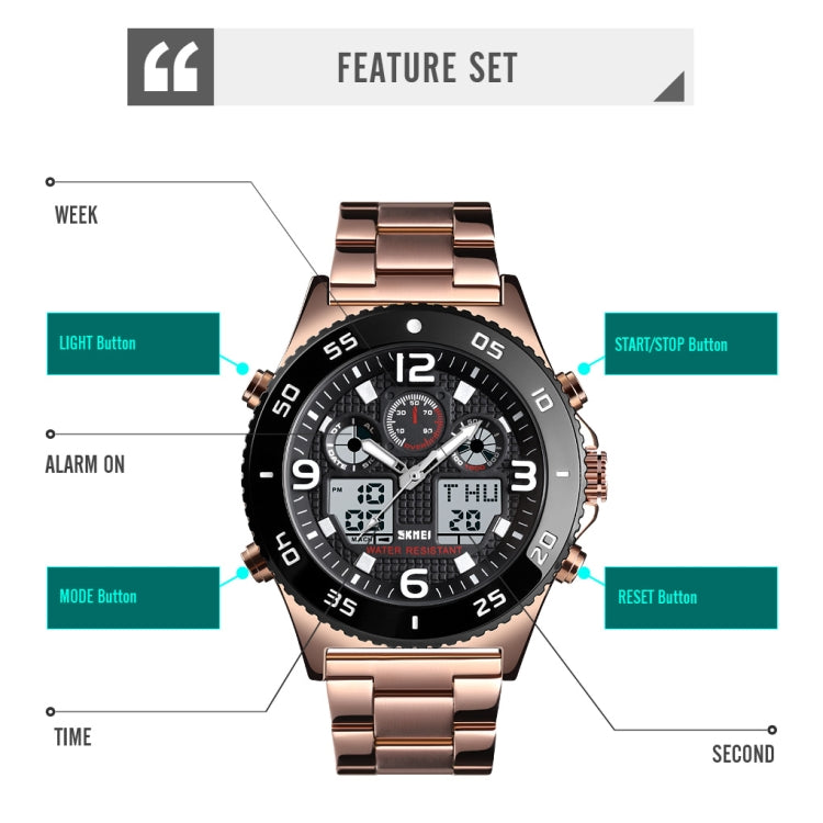 SKMEI 1538 Multi-Function Time Large Dial Steel Belt Men  Casual Sports Electronic Watch(Rose Gold-Steel Belt) - free shipping - PMC TechLife - Order now!