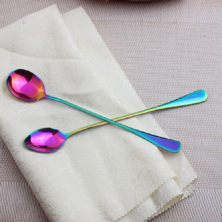 2 PCS Stainless Steel Rainbow Long Handled Coffee Scoops Cold Drink Stirring Spoon for Dessert Cake, Style:Sharp Spoon(Colorful) - free shipping - PMC TechLife - Order now!