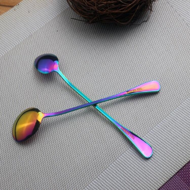 2 PCS Stainless Steel Rainbow Long Handled Coffee Scoops Cold Drink Stirring Spoon for Dessert Cake, Style:Sharp Spoon(Colorful) - free shipping - PMC TechLife - Order now!