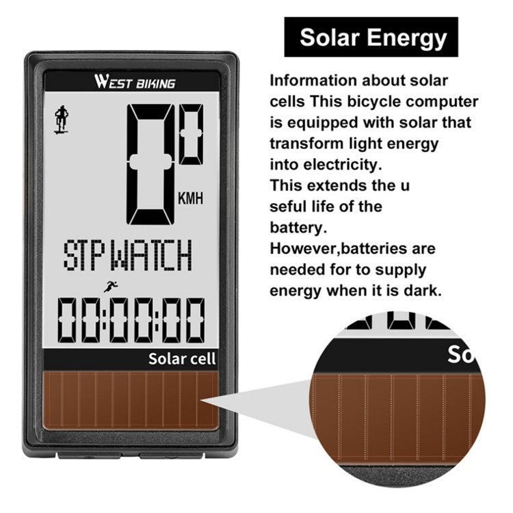 WEST BIKING Wireless Solar Code Table Mountain Road Bike Large Character Code Table Five Language Waterproof Speedometer - Speedometers by PMC TechLife | Online Shopping South Africa | PMC TechLife | Buy Now Pay Later Mobicred
