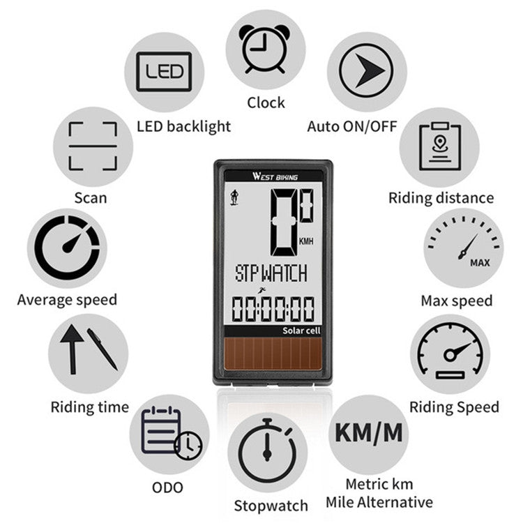 WEST BIKING Wireless Solar Code Table Mountain Road Bike Large Character Code Table Five Language Waterproof Speedometer - Speedometers by PMC TechLife | Online Shopping South Africa | PMC TechLife | Buy Now Pay Later Mobicred