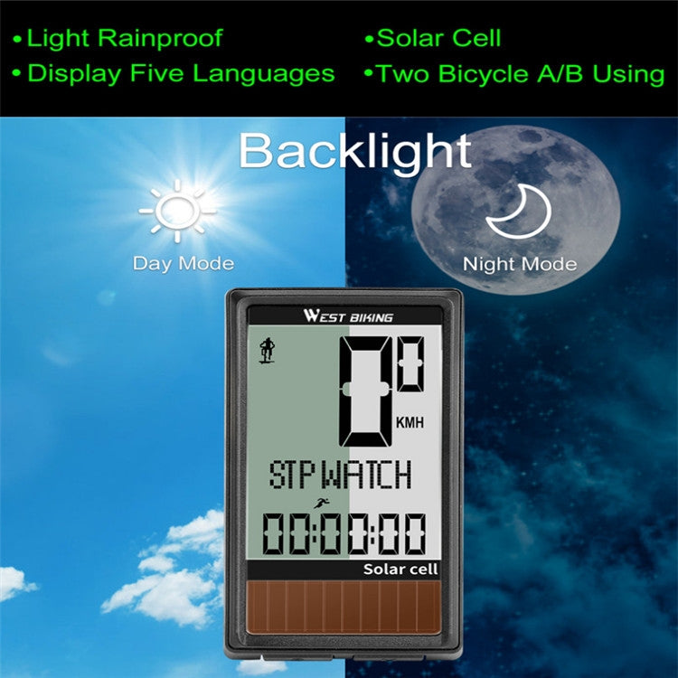 WEST BIKING Wireless Solar Code Table Mountain Road Bike Large Character Code Table Five Language Waterproof Speedometer - Speedometers by PMC TechLife | Online Shopping South Africa | PMC TechLife | Buy Now Pay Later Mobicred