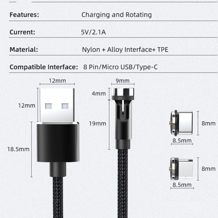 CC56 8 Pin + Type-C/USB-C + Micro USB Magnetic Interface Dust Plug Rotating Data Charging Cable, Cbale Length: 2m(Black) - free shipping - PMC Jewellery - Order now!
