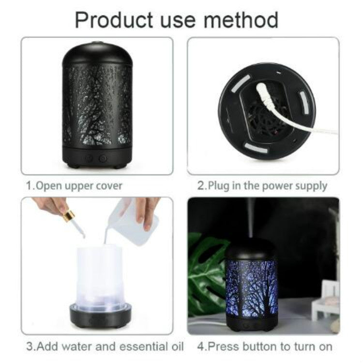 Metal Tree Air Humidifier Essential Oil Diffuser Mist Maker Colorful LED Lamp Diffuser Aromatherapy Air Purifier, EU Plug(Black) - free shipping - PMC TechLife - Order now!