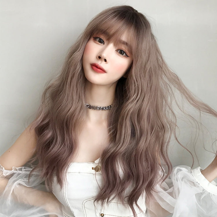 Ladies Long Hair Slightly Curly Wig Natural Fluffy Hair Cover, Color:Gradient Soot Pink - free shipping - PMC TechLife - Order now!
