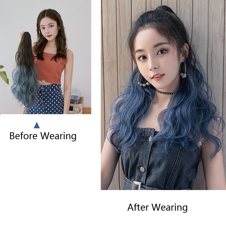 Wig Ponytail Curly Hair Gradient Color Long Hair Realistic Fluffy Clip Chemical Fiber Wig Braid(Brown-black Gradient Haze Blue 53cm) - free shipping - PMC TechLife - Order now!