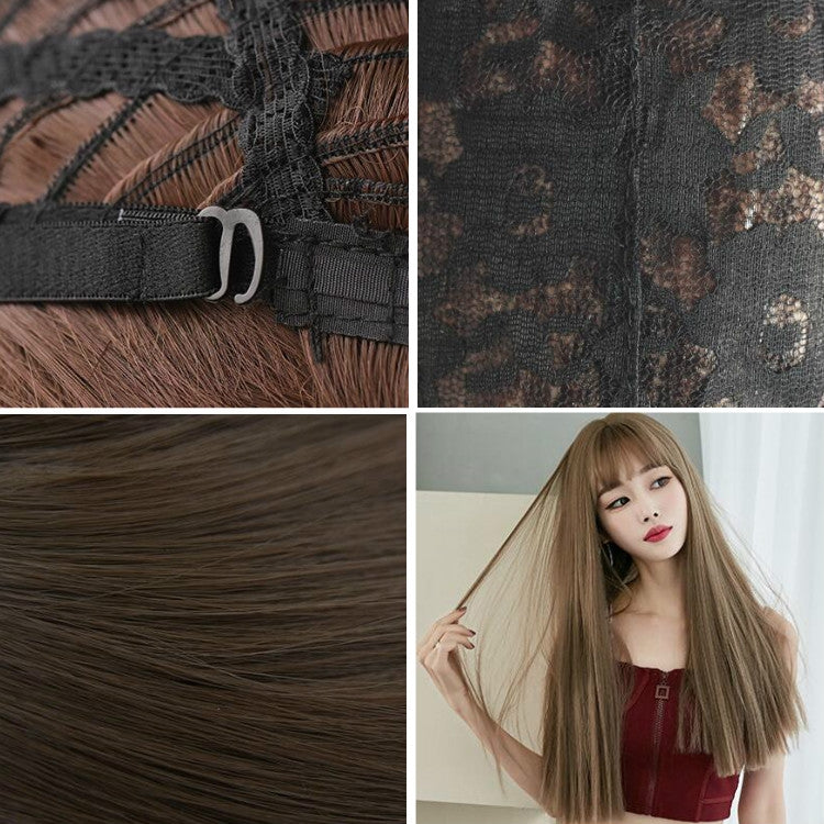 Wig Female Long Hair Full Headgear Straight Hair Natural Air Bangs Full Top Wig(Honey Tea Linen 58CM) - free shipping - PMC TechLife - Order now!