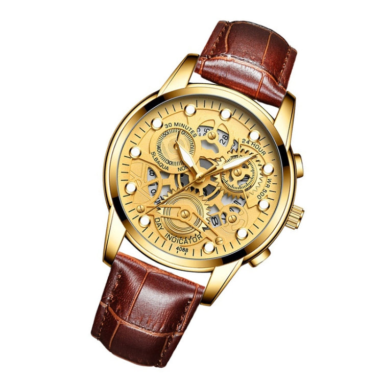FNGEEN 4088 Men Hollow Quartz Watch Student Waterproof Luminous Watch(Brown Leather Full Golden Surface) - free shipping - PMC TechLife - Order now!