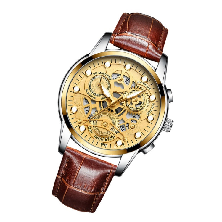 FNGEEN 4088 Men Hollow Quartz Watch Student Waterproof Luminous Watch(Brown Leather Gold Surface) - free shipping - PMC TechLife - Order now!