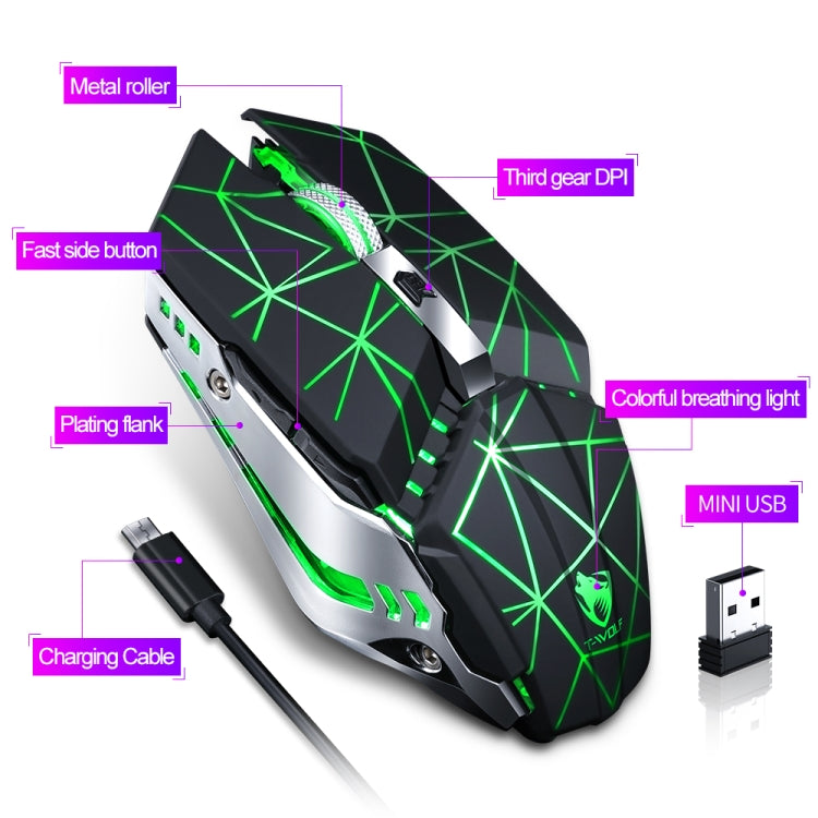 T-WOLF Q15 6-Buttons 1600 DPI Wireless Rechargeable Mute Office Gaming Mouse with 7 Color Breathing Light(Technology Black) - free shipping - PMC Jewellery - Order now!