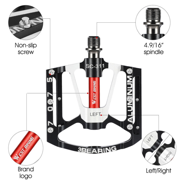 1pair WEST BIKING YP0802083 Mountain Bike Aluminum Alloy Pedal Lightweight Bearing Foot Pedal(Red) - free shipping - PMc TechLife - Order now!