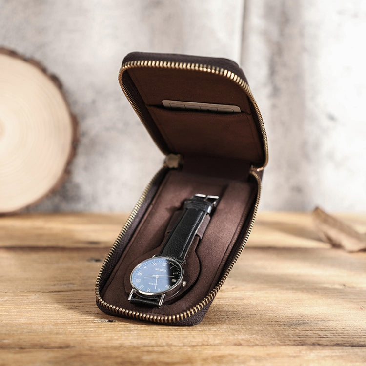 Contacts Family CF1121  Retro Crazy Horse Leather Watch Storage Box Single Watch Seat Portable Watch Zipper Bag(Coffee) - free shipping - PMC TechLife - Order now!