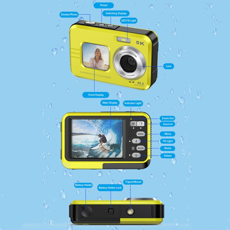 WDC901 3.5m Waterproof 48MP HD Dual Screen Outdoor Sports Digital Camera EU Plug(Yellow) - Children Cameras by PMC TechLife | Online Shopping South Africa | PMC TechLife | Buy Now Pay Later Mobicred