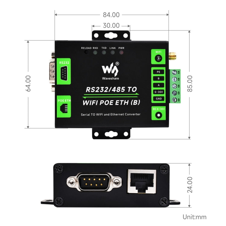 Waveshare Industrial Grade Serial Server RS232/485 to WiFi / Ethernet RJ45 Network Port with POE Support - free shipping - PMC TechLife - Order now!
