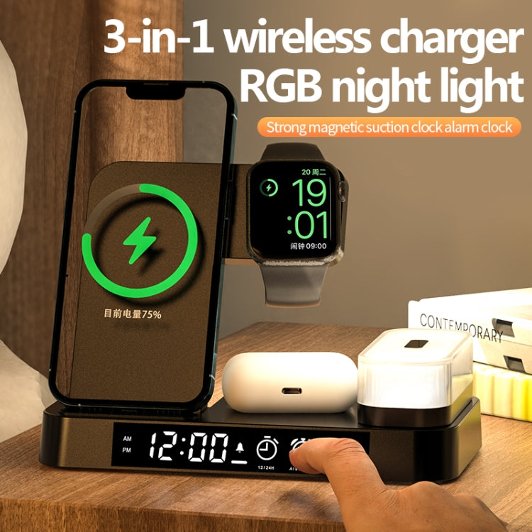 A37 30W 3-in-1 Wireless Charging Phone Stand with RGB Night Light & Alarm Clock & Watch Charger For Apple Function(Black) - free shipping - PMC Jewellery - Order now!