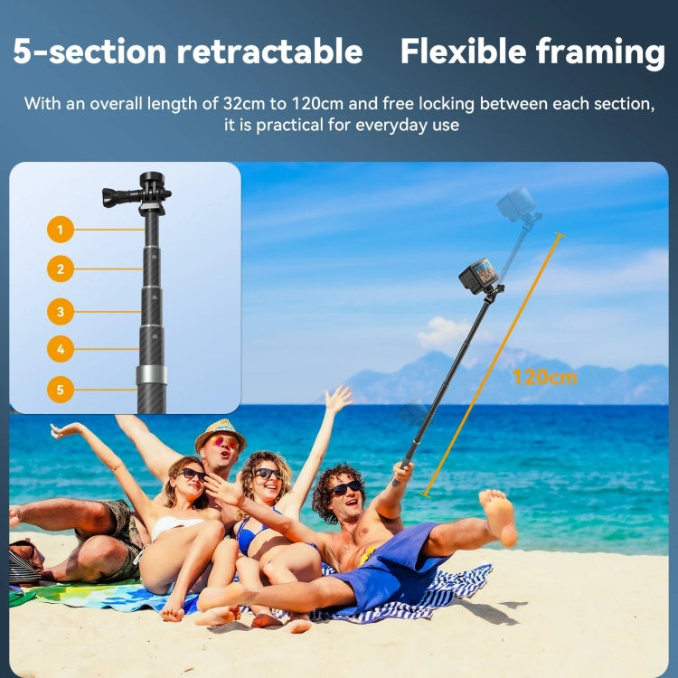 TELESIN 1.2m Carbon Fiber Monopod Selfie Stick With 1/4 Screw For Action Cameras - Extendable Pole by TELESIN | Online Shopping South Africa | PMC TechLife | Buy Now Pay Later Mobicred