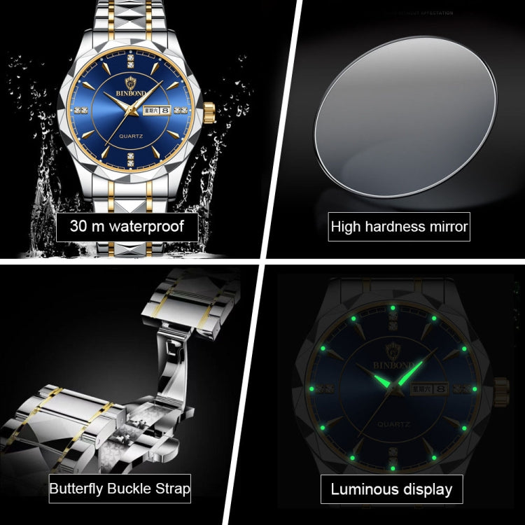BINBOND B5552 Luminous Multifunctional Business Calendar Quartz Watch(Inter-gold-Black) - free shipping - PMC TechLife - Order now!