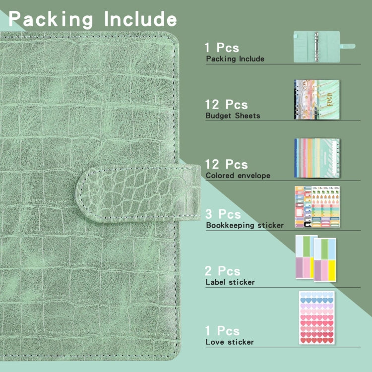 A6 Crocodile Pattern PU Leather Loose-Leaf Binder Budget Notebook Cash Envelope Organizer(Bean Green) - Notebooks by PMc TechLife | Online Shopping South Africa | PMc TechLife | Buy Now Pay Later Mobicred